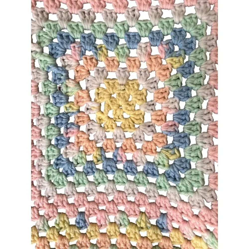 Handmade Pastel Rainbow Crocheted Baby Blanket / Lap Throw – 31"x33" - Picture 3 of 10